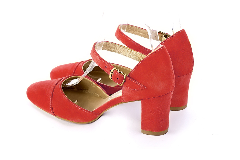 Women's scarlet red open side dress shoes, with an instep strap. Round toe. Medium block heels - Rear view